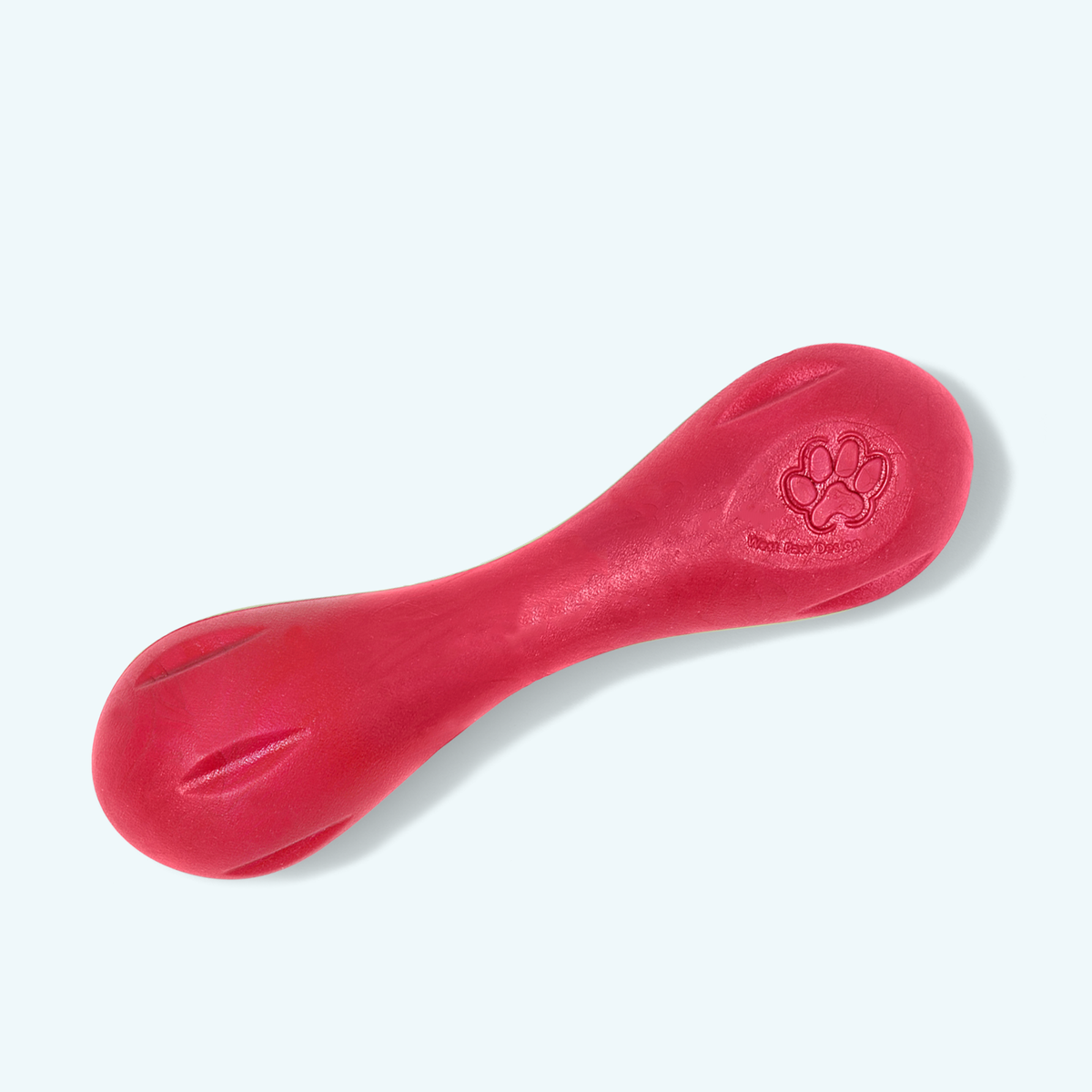 Red dog toy with a paw print logo on a light gray background