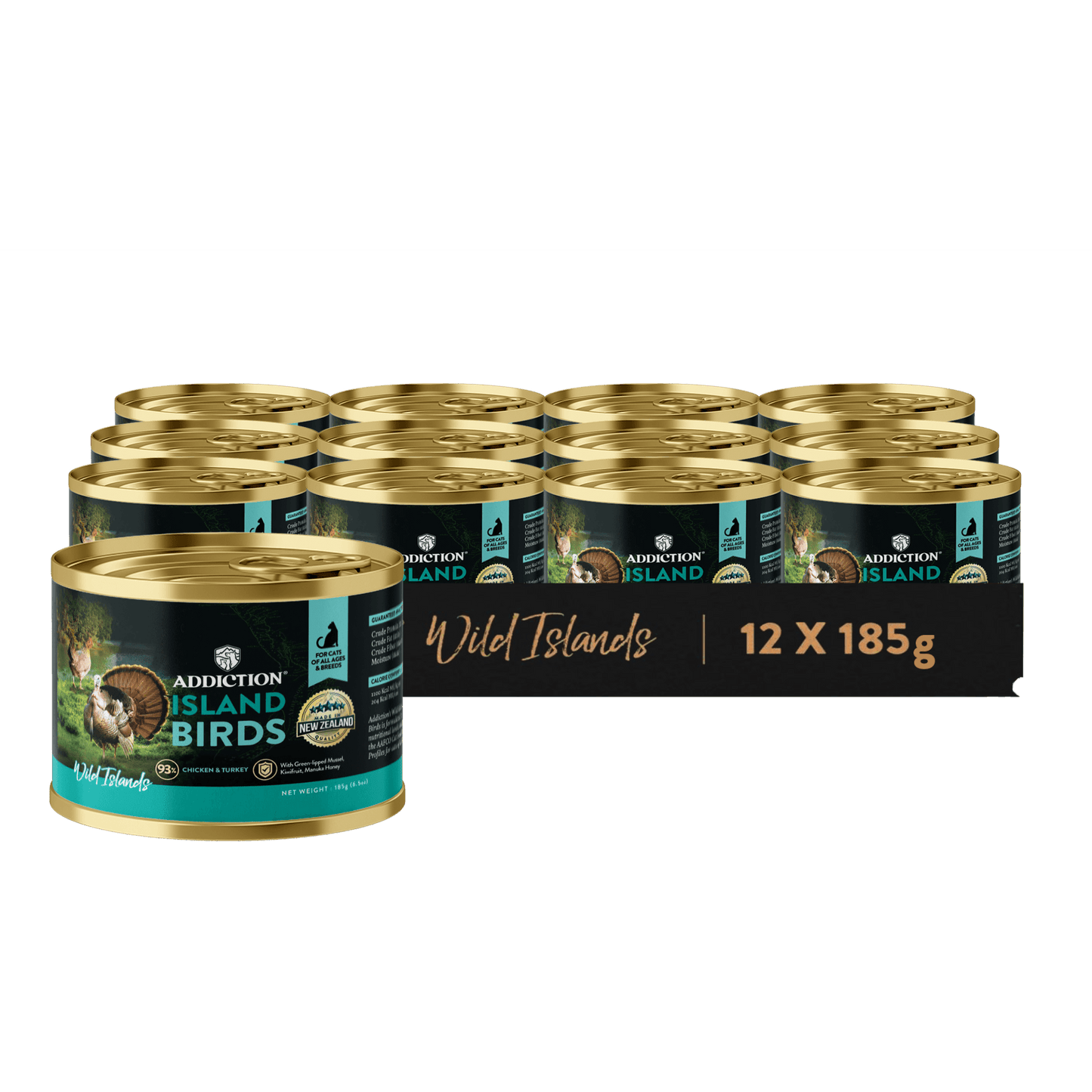 Packaging of Addiction Island canned pet food with 12 cans on a dark background