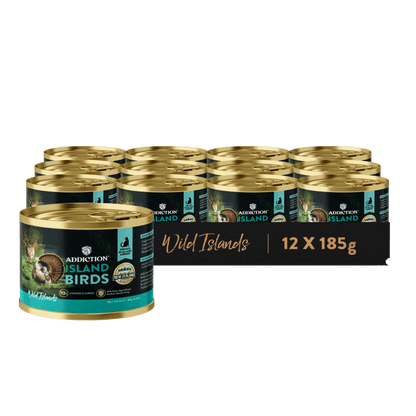 Packaging of Addiction Island canned pet food with 12 cans on a dark background