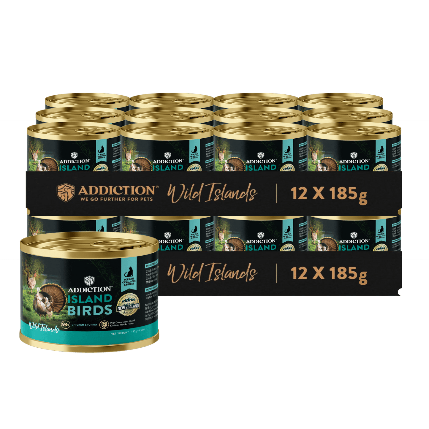 Packaging of Addiction Island canned pet food with 12 cans of 185g each on a dark blue background.
