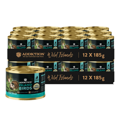 Packaging of Addiction Island canned pet food with 12 cans of 185g each on a dark blue background.
