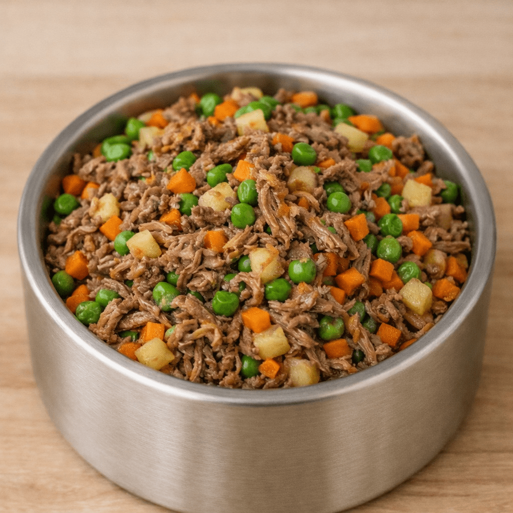 Portioned 8oz Din Din dog meal shown ready to open and serve