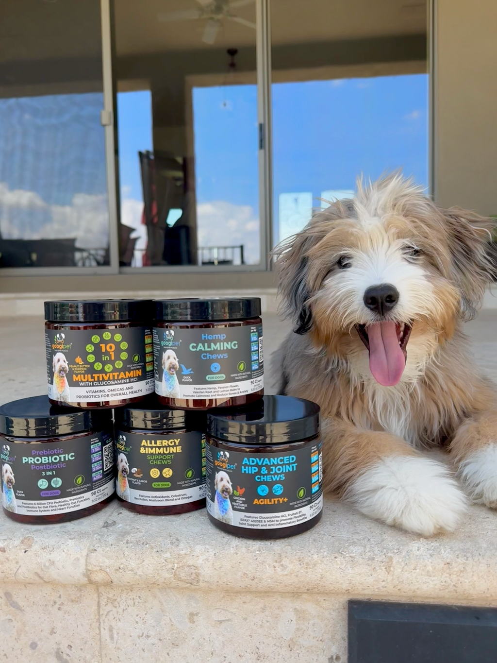 Dog with a variety of pet supplement jars on a surface