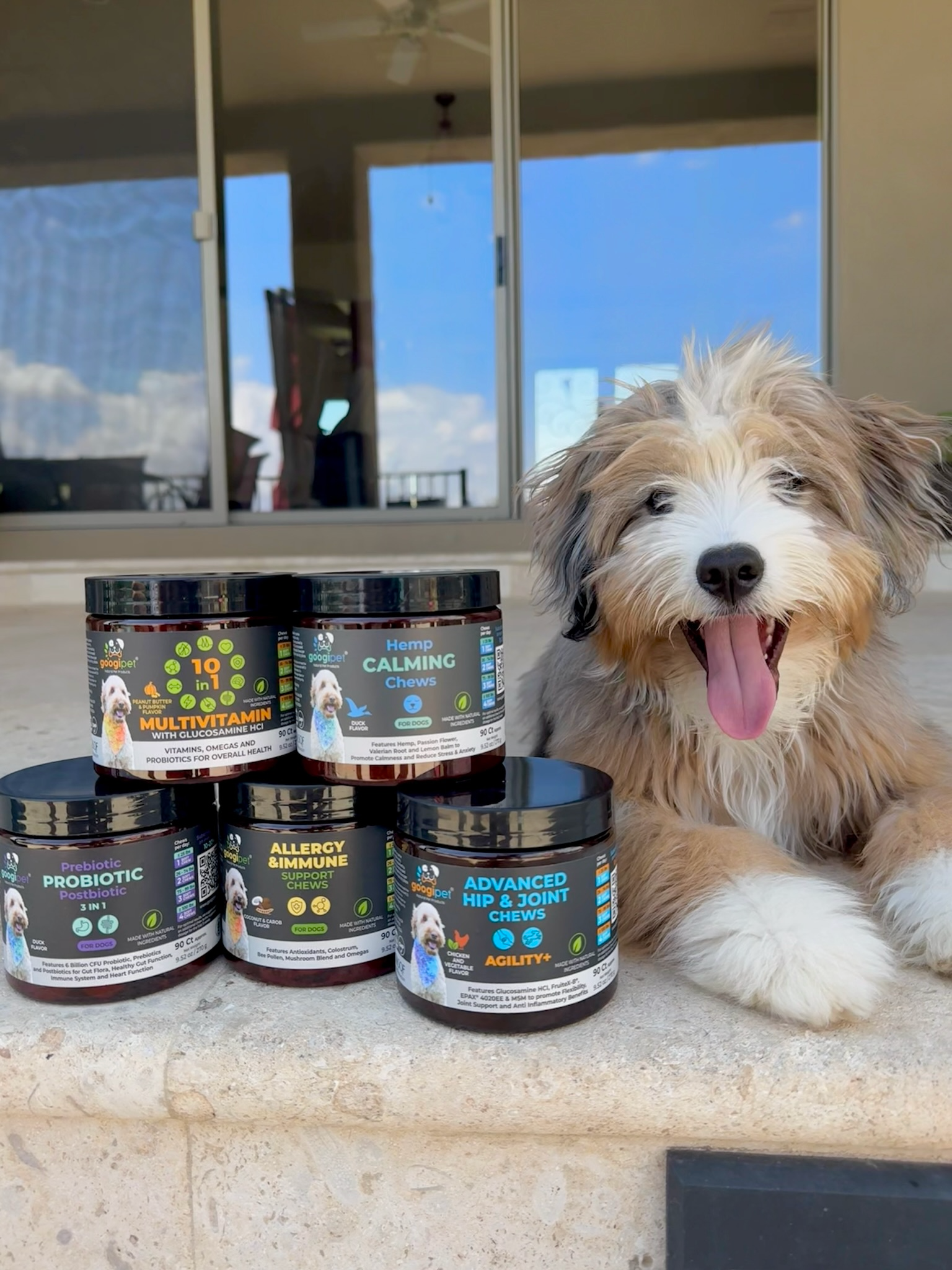 Dog with a variety of pet supplement jars on a surface