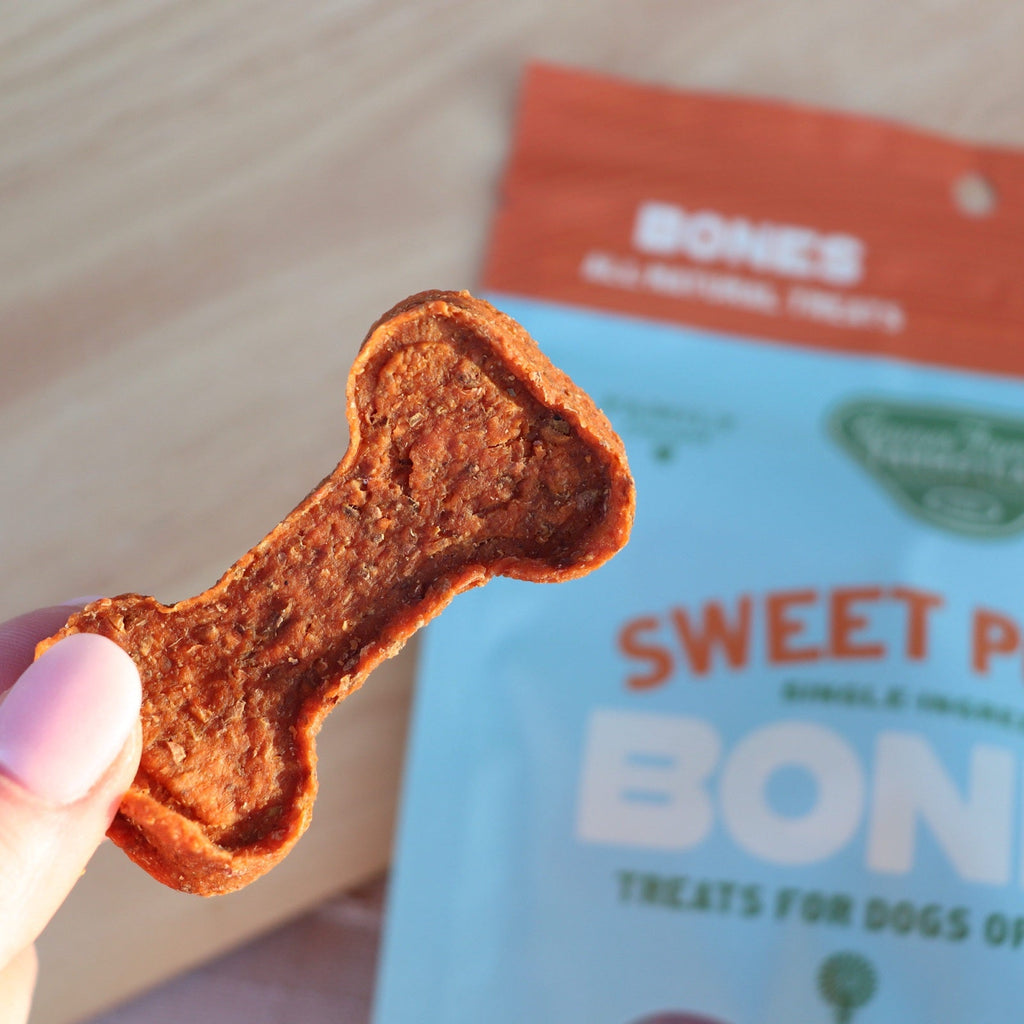 Dog treat shaped like a bone held in front of a package labeled 'Sweet Potato Bones'.