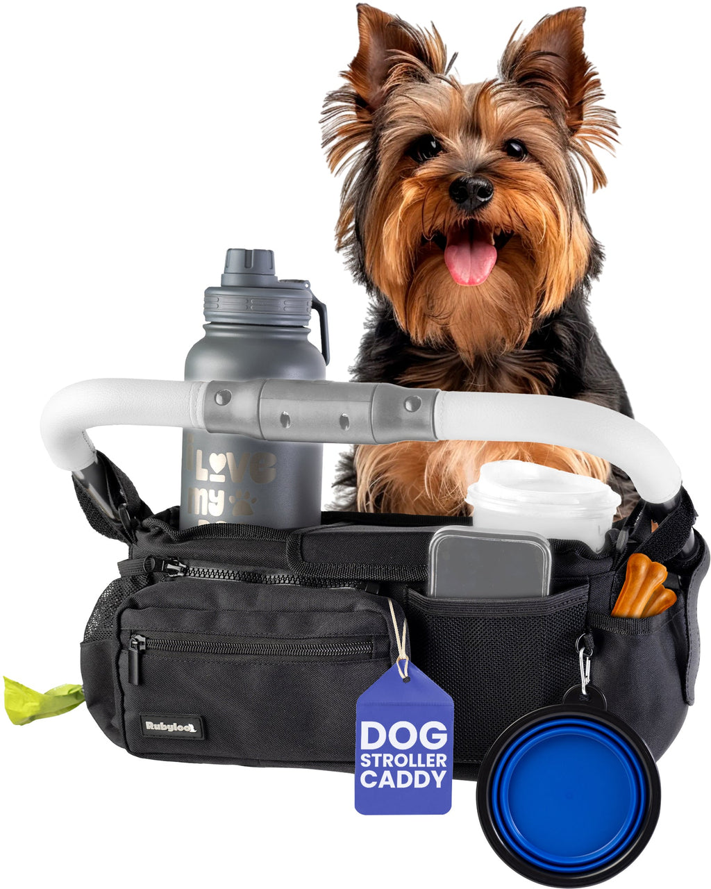 Dog stroller caddy with a dog inside, including a water bottle, pet bowl, and other accessories on a white background.