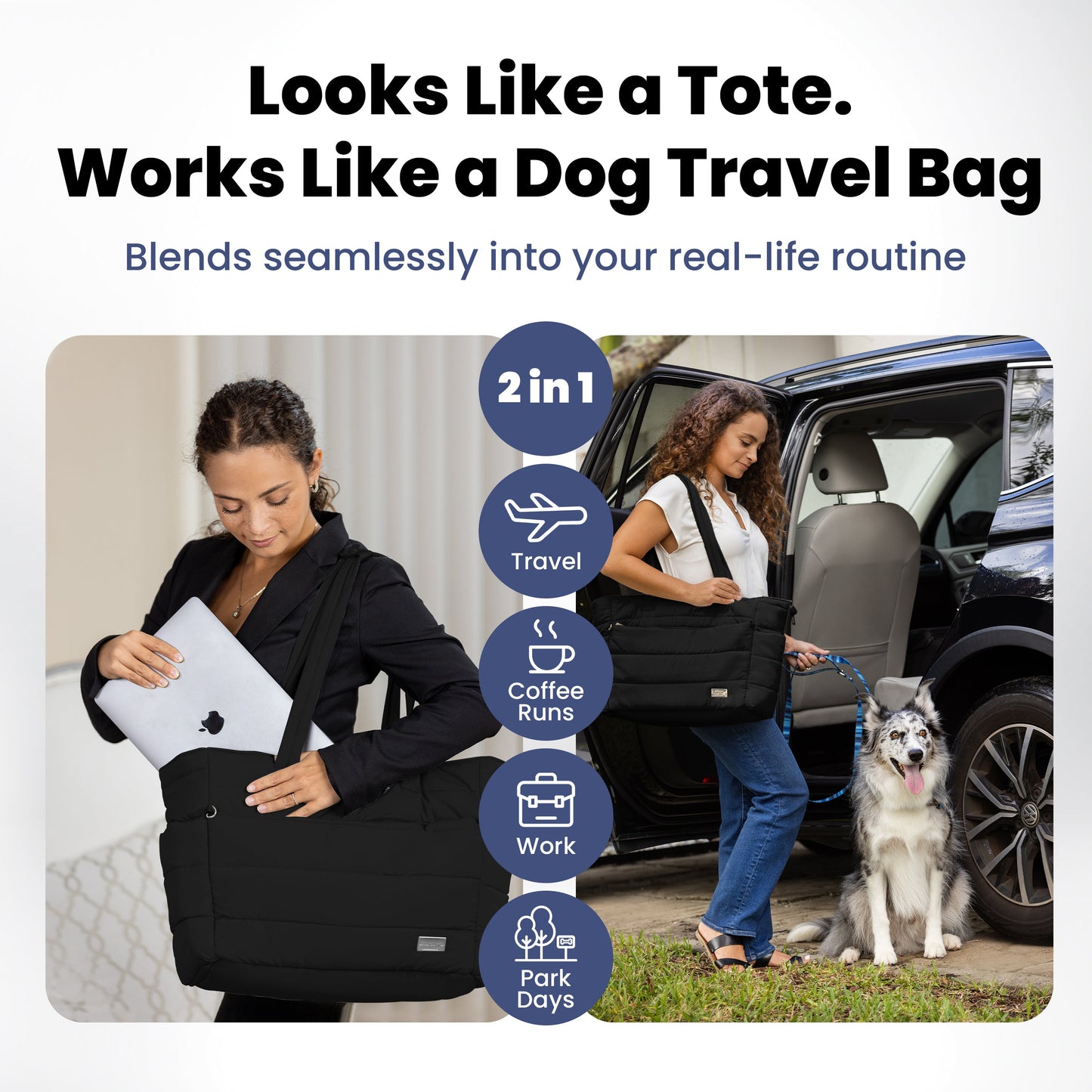 Woman holding a black tote bag with text about its versatility and blending into daily routines.