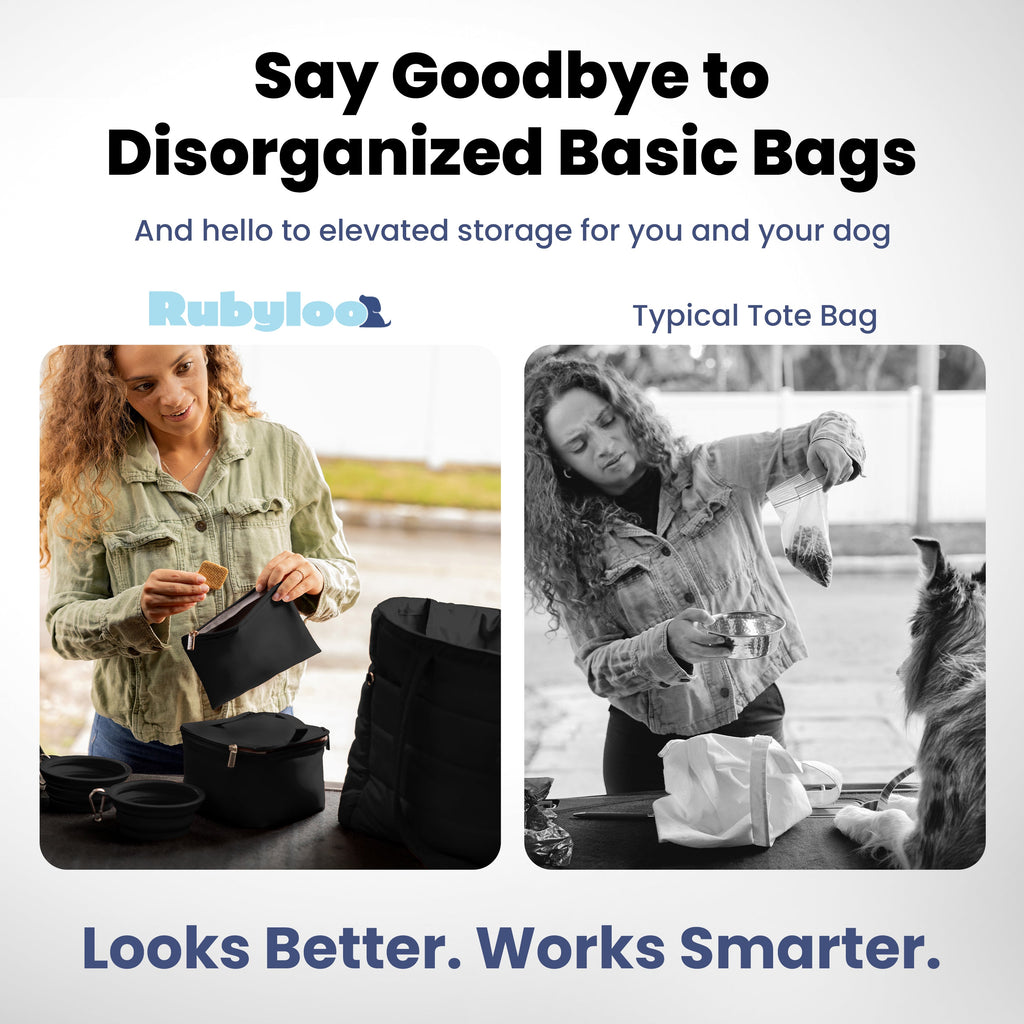 Advertisement for Rubyloo product showing a woman using a black tote bag and a typical tote bag, with text about improved storage solutions.