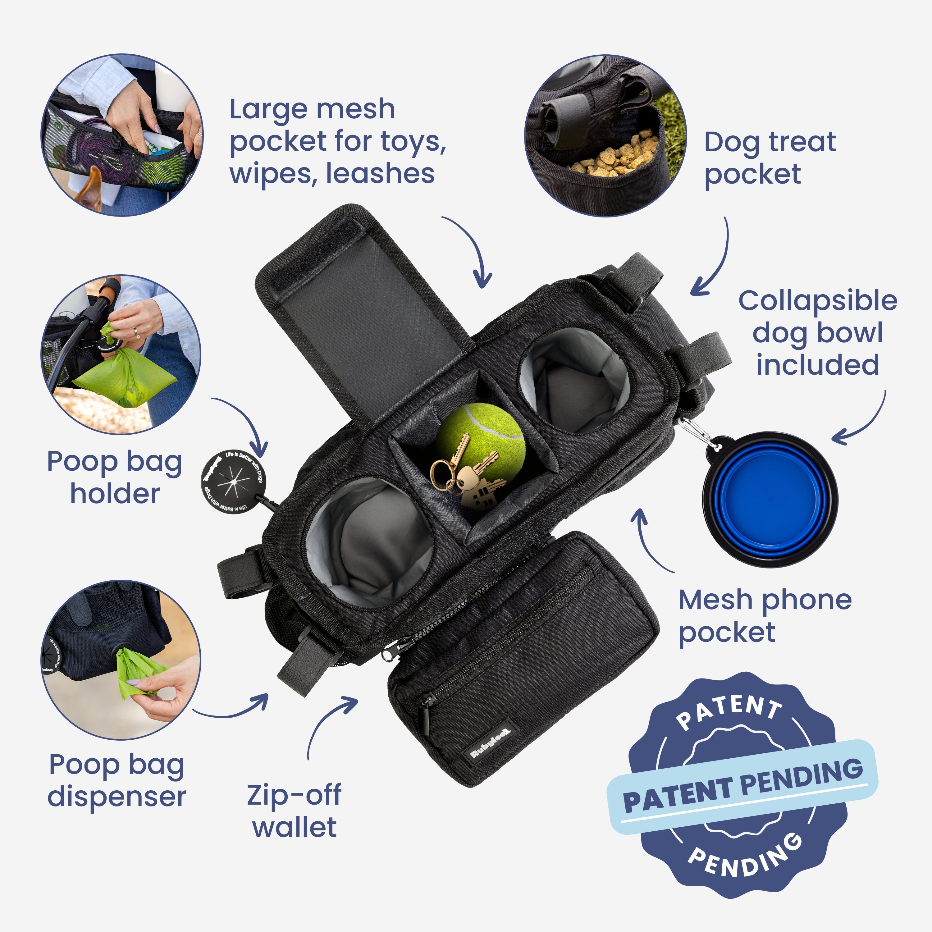 Dog travel bag with various compartments and features on a white background