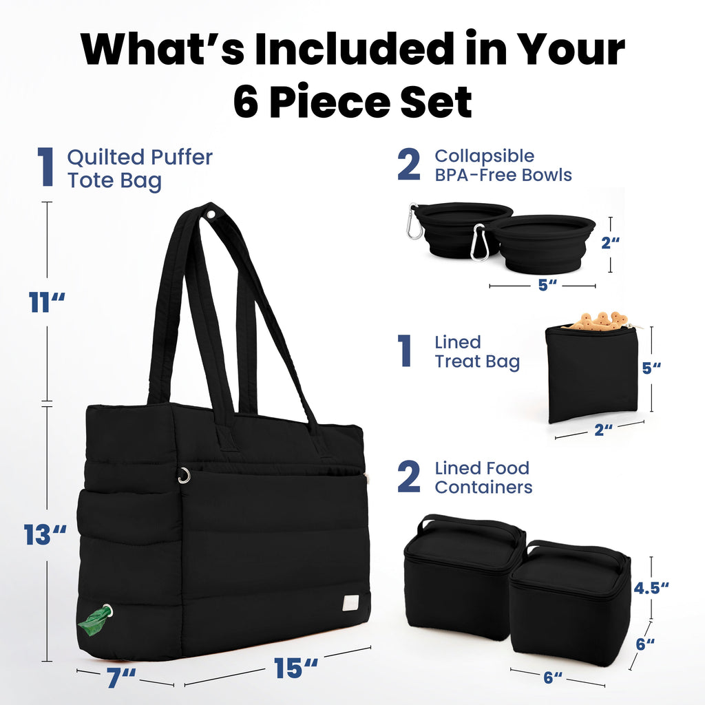 6-piece set with a quilted puffer tote bag, collapsible BPA-free bowls, lined treat bag, and lined food containers with measurements.