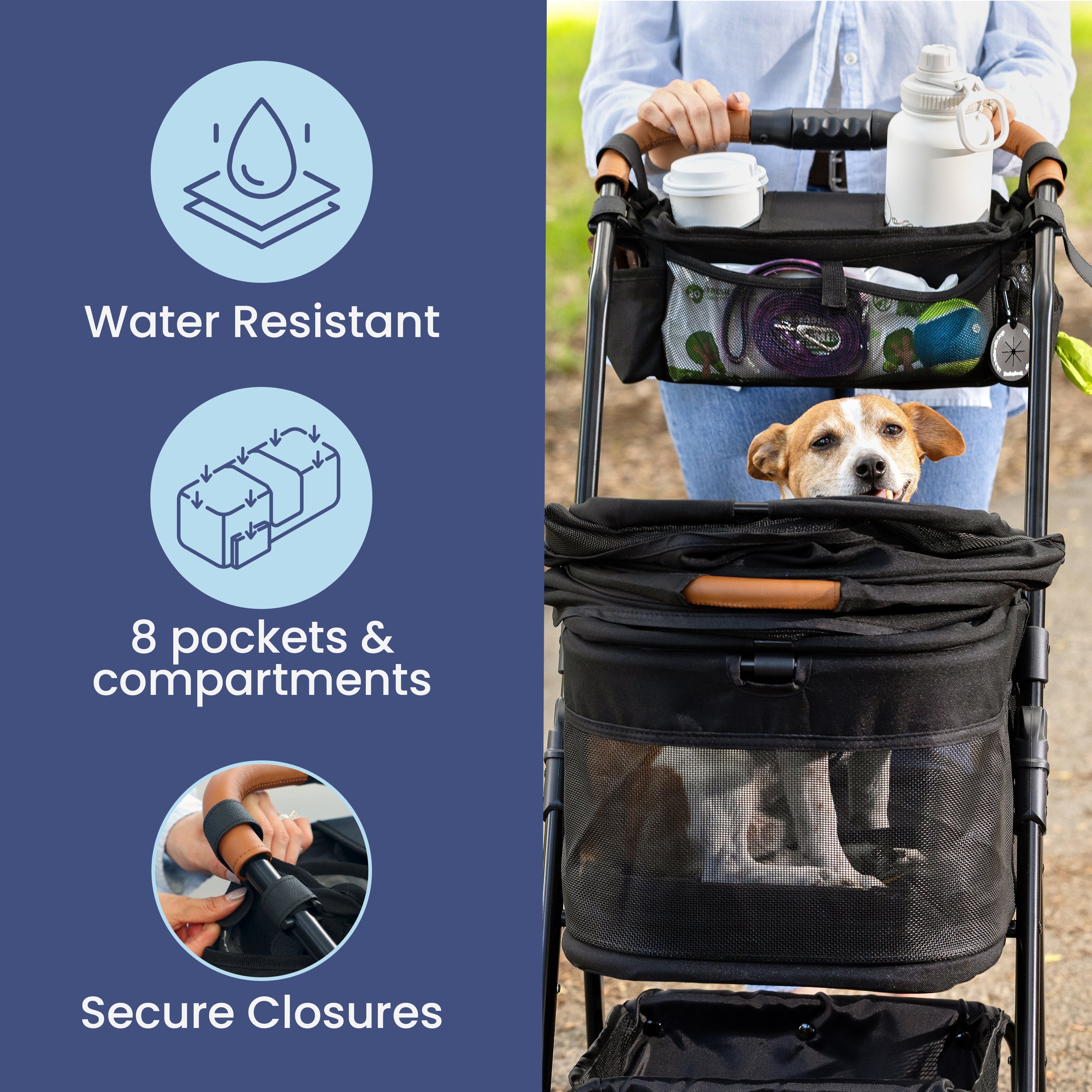 Pet stroller with features highlighted on a blue background