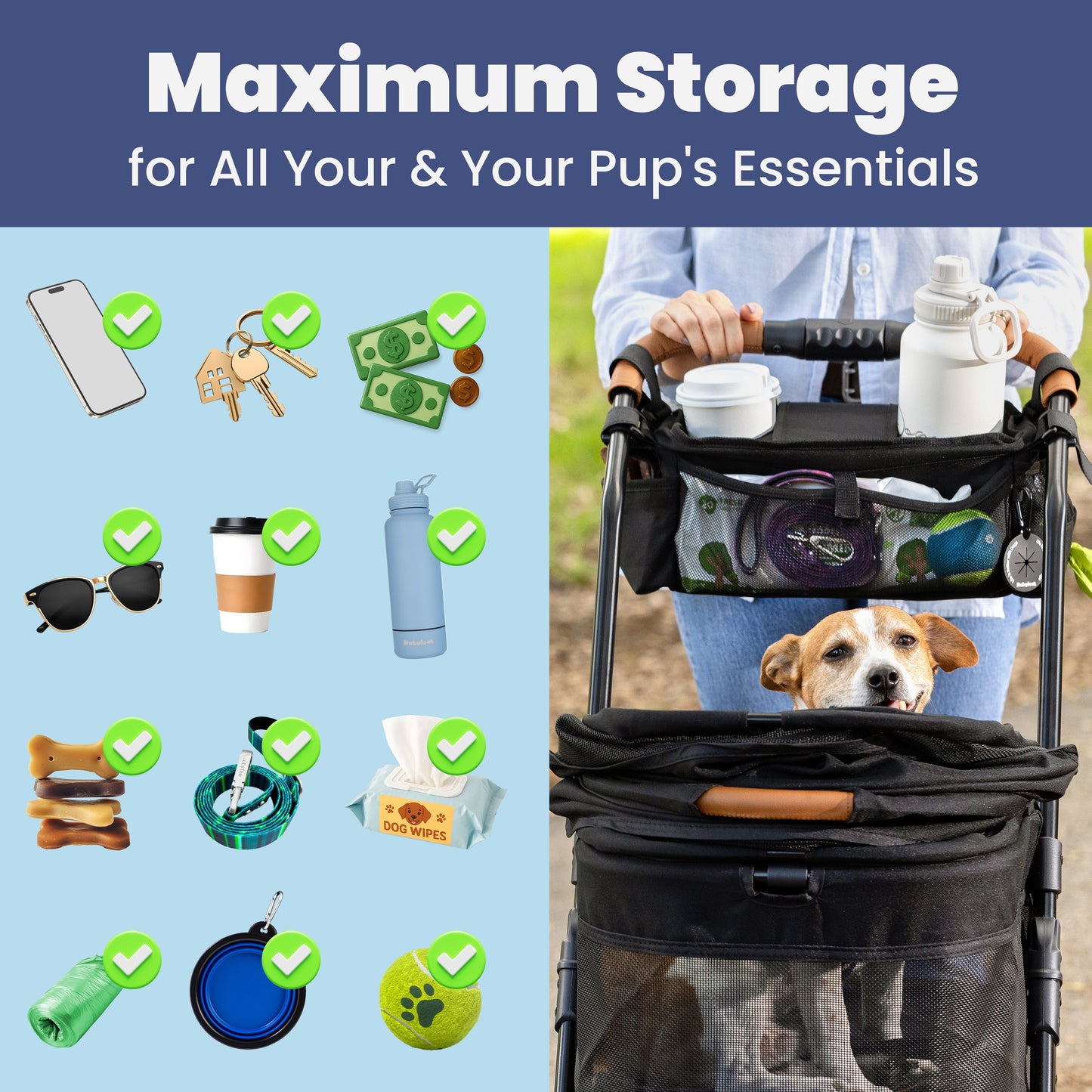 Pet stroller with storage compartments and a dog inside, next to icons of pet essentials on a blue background.