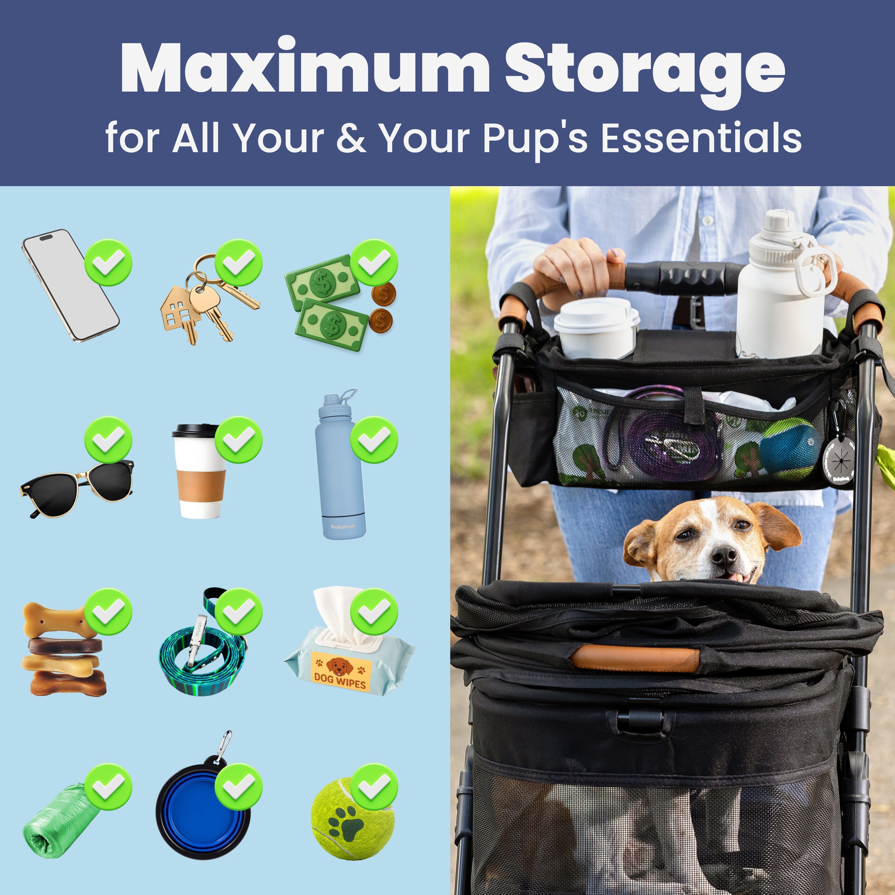 Pet stroller with storage compartments and a dog inside, next to icons of pet essentials on a blue background.