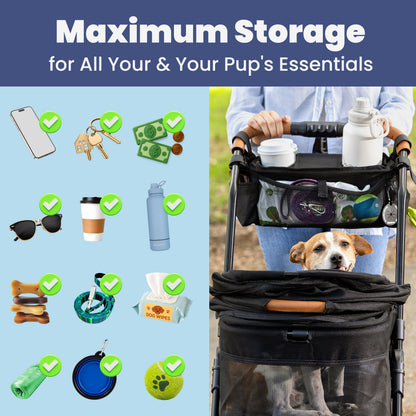 Pet stroller with storage compartments and a dog inside, next to icons of pet essentials on a blue background.