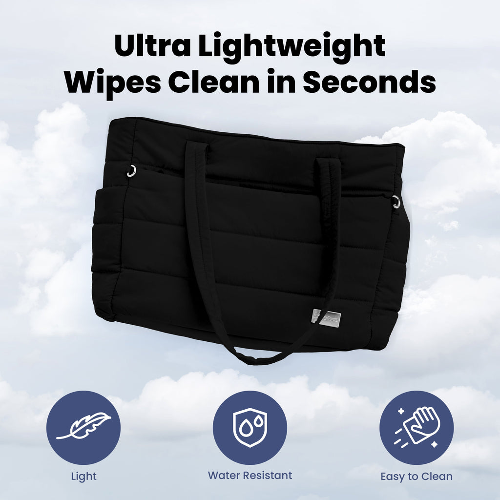 Black bag with text 'Ultra Lightweight Wipes Clean in Seconds' and icons for light, water resistance, and ease of cleaning on a cloud background.