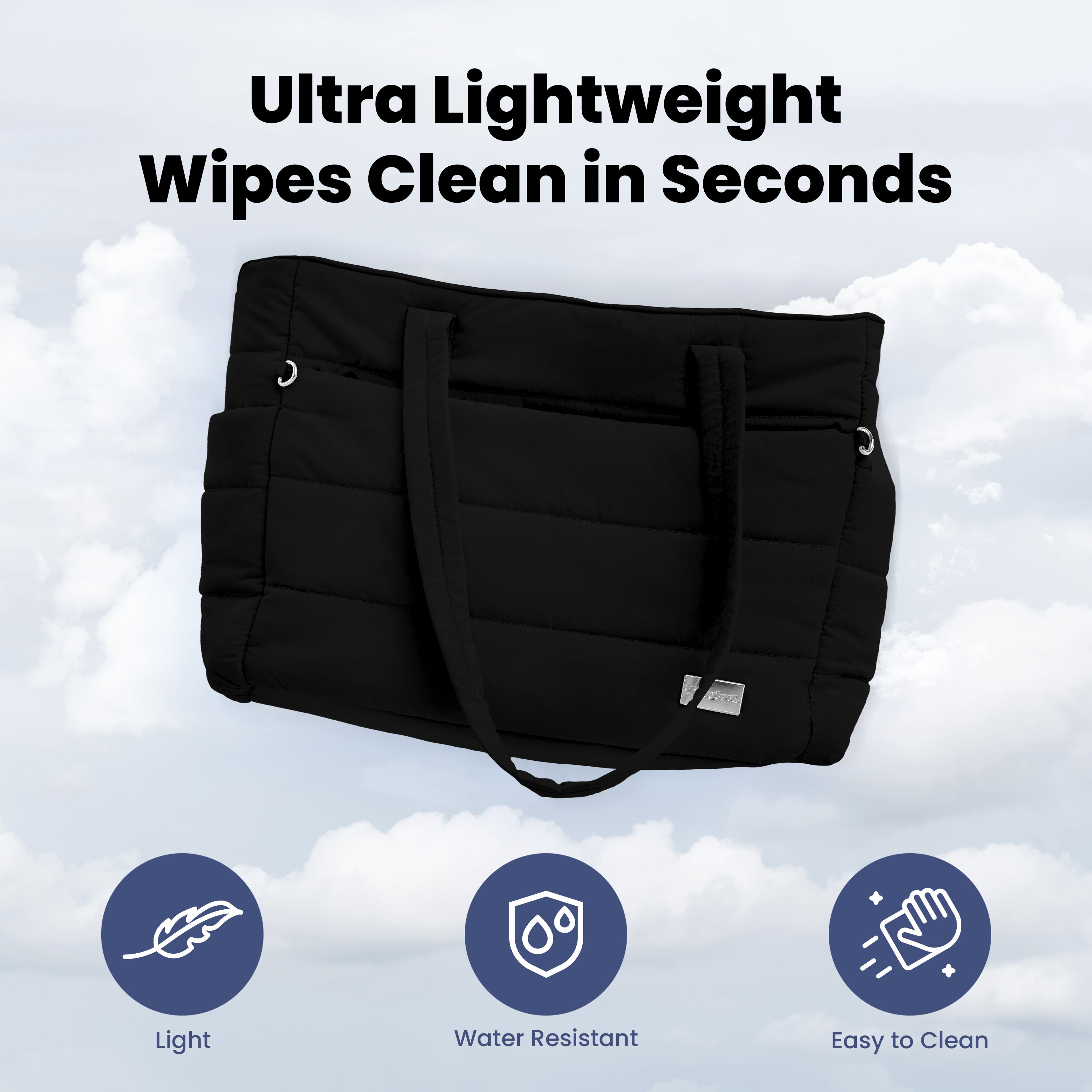 Black bag with text 'Ultra Lightweight Wipes Clean in Seconds' and icons for light, water resistance, and ease of cleaning on a cloud background.