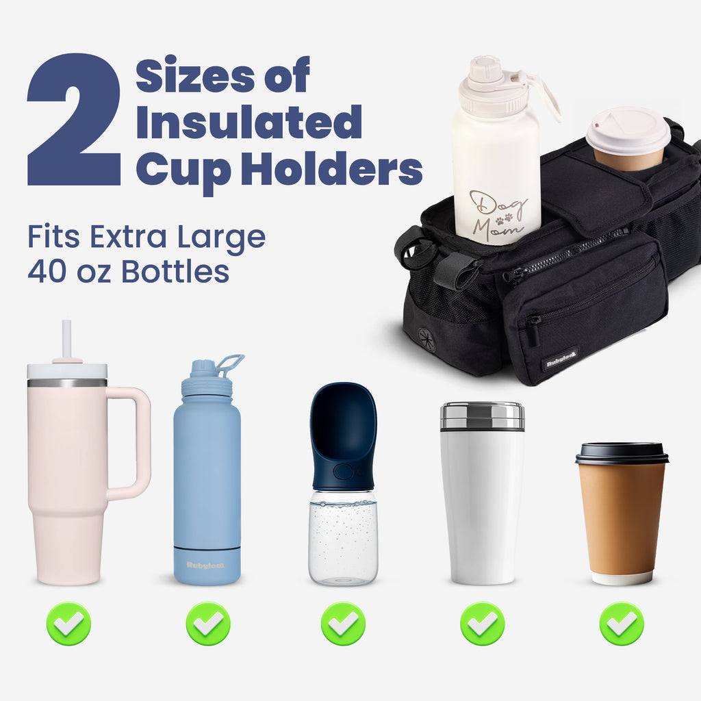 Insulated cup holder for large bottles with various bottle types shown on a white background