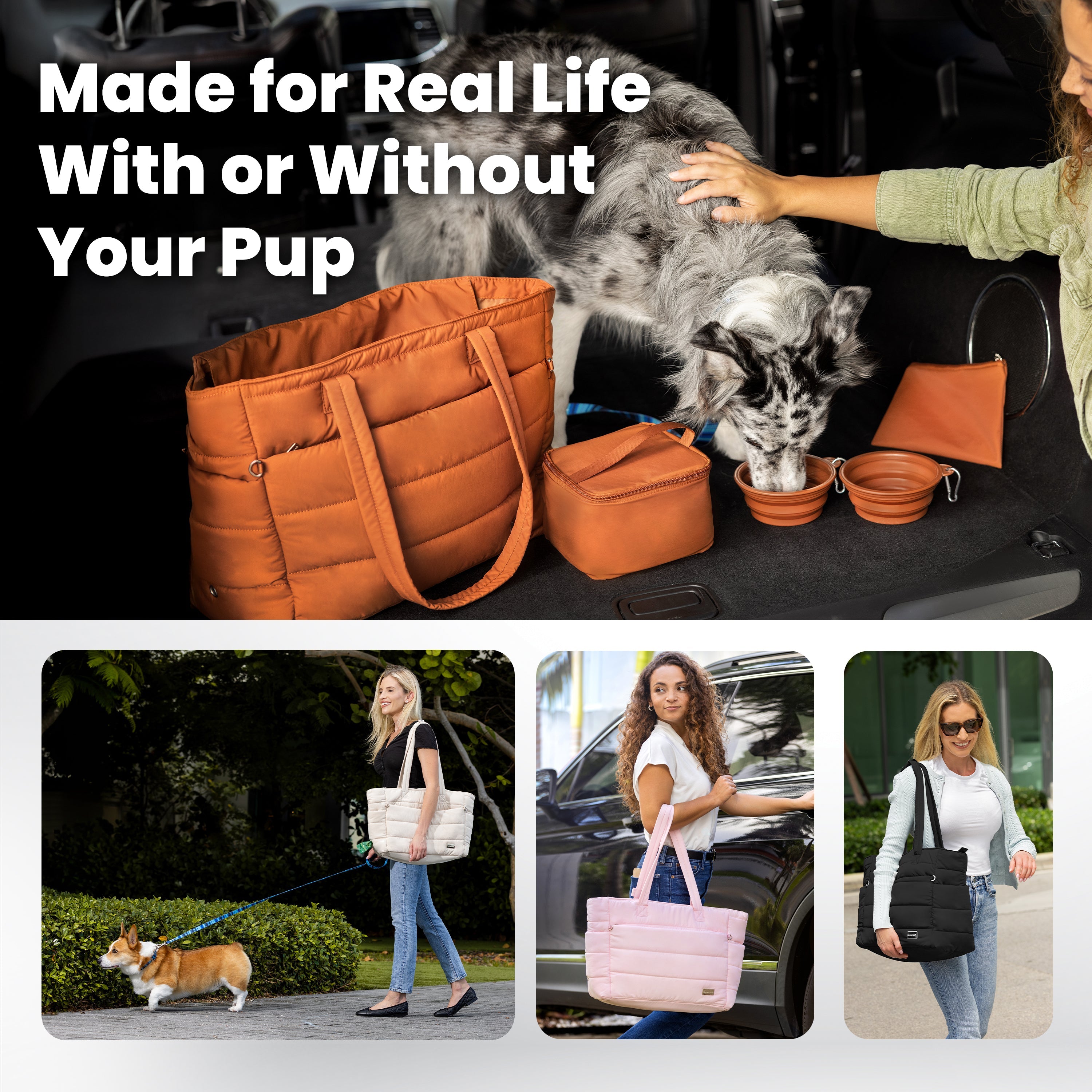 Orange pet carrier with a dog inside, surrounded by people using various bags outdoors.