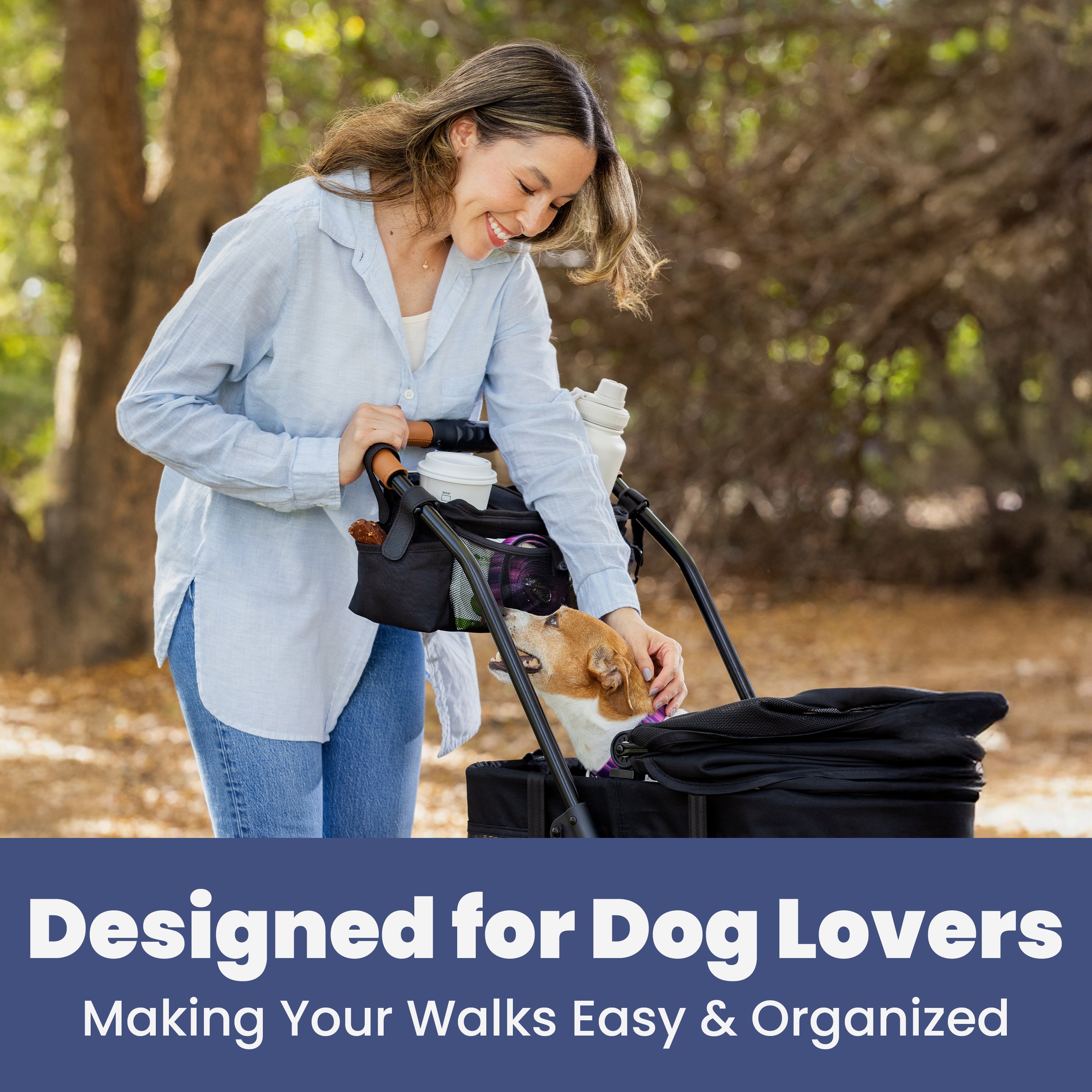 Woman with a dog in a stroller outdoors, with text 'Designed for Dog Lovers'.