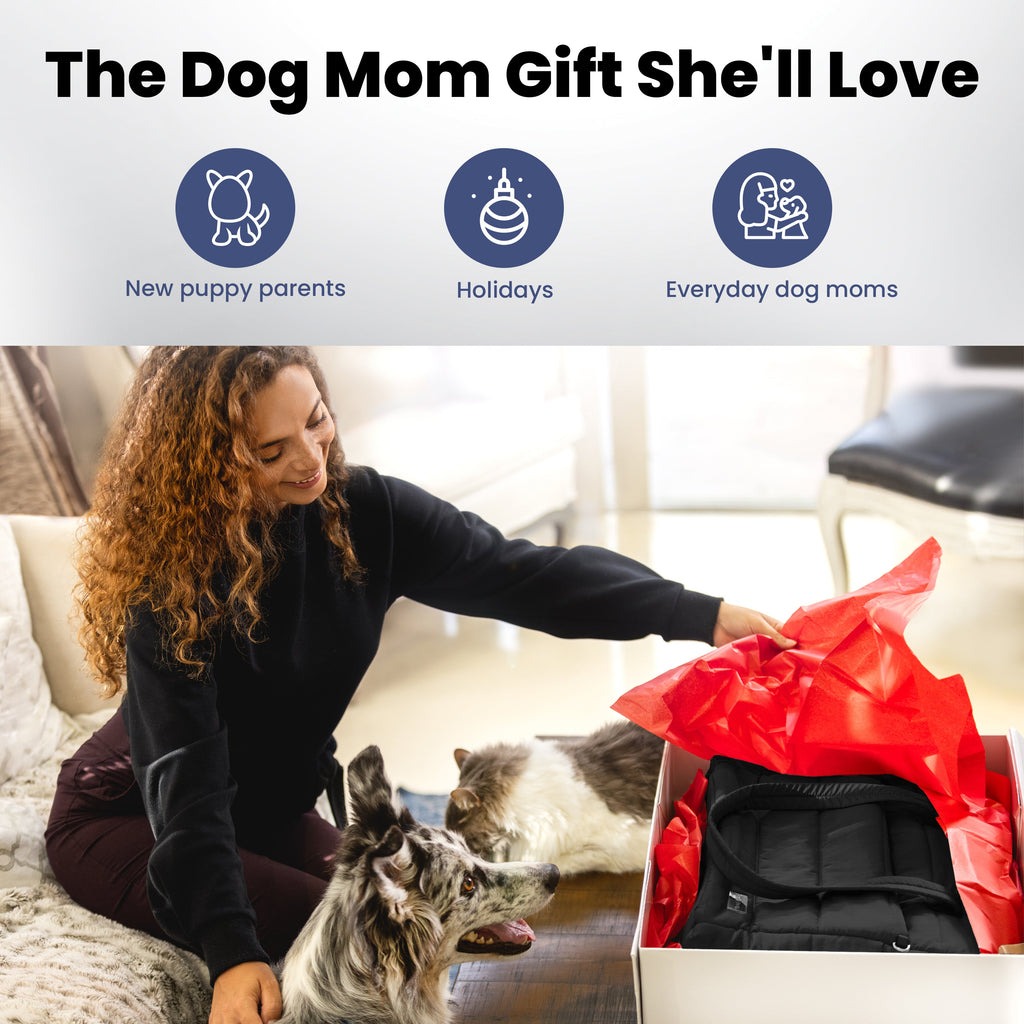 Woman opening a gift for her dogs with text indicating it's suitable for new puppy parents, holidays, and everyday dog moms.