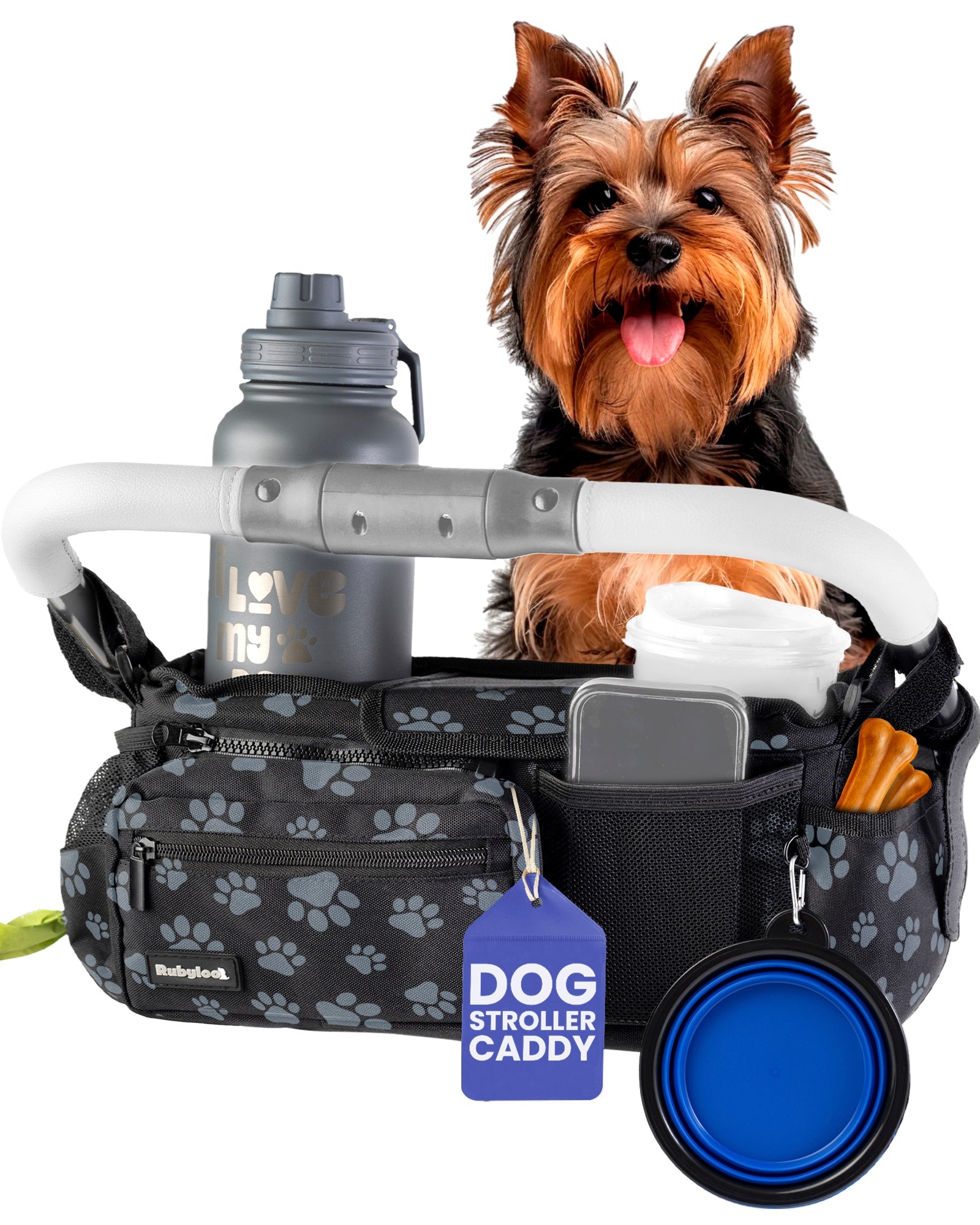 Dog stroller caddy with a dog inside, water bottle, blue bowl, and tag on a white background