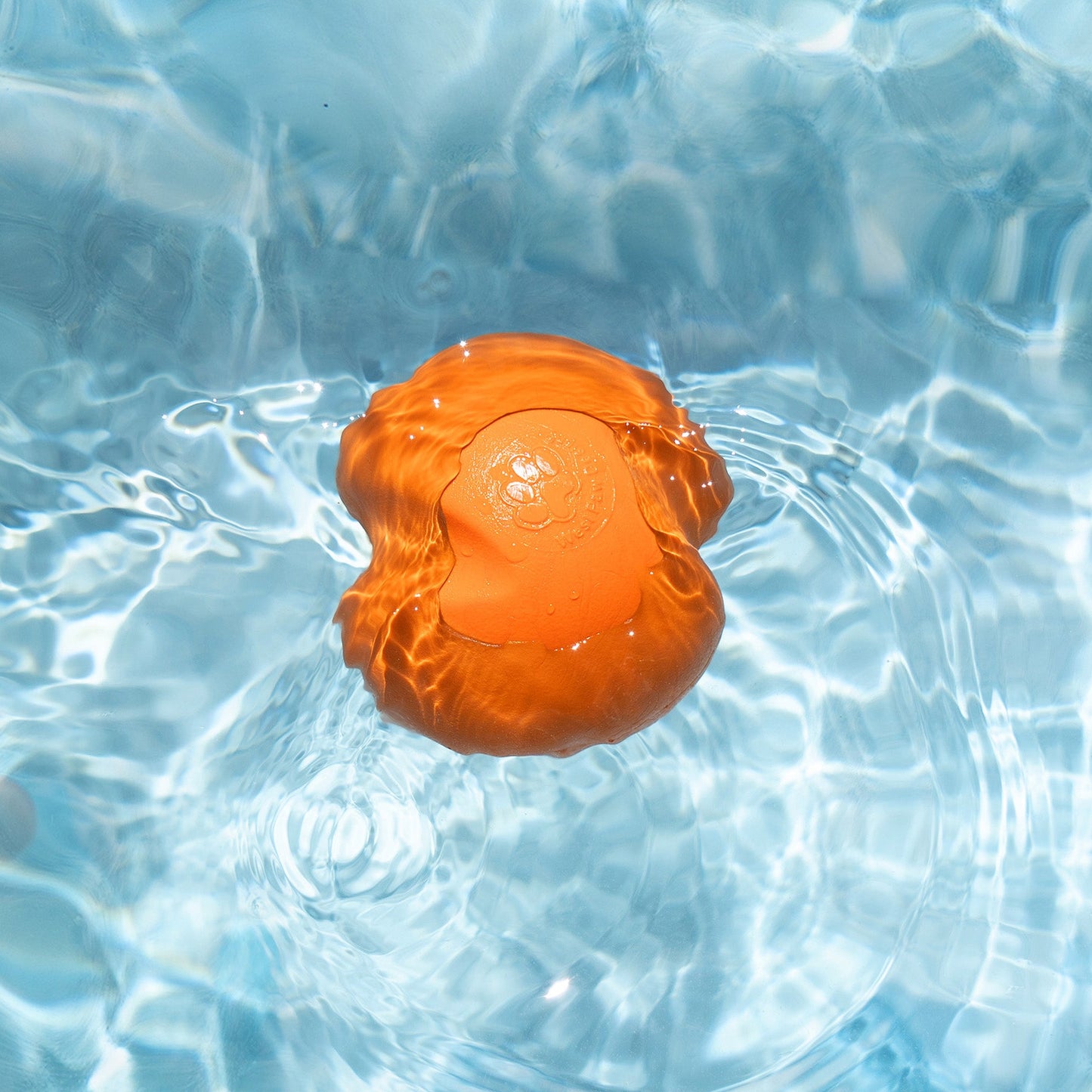Orange rubber duck floating in clear blue water