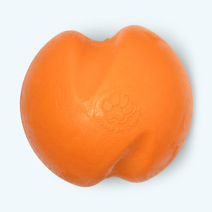 Orange dog toy with a paw print logo on a white background