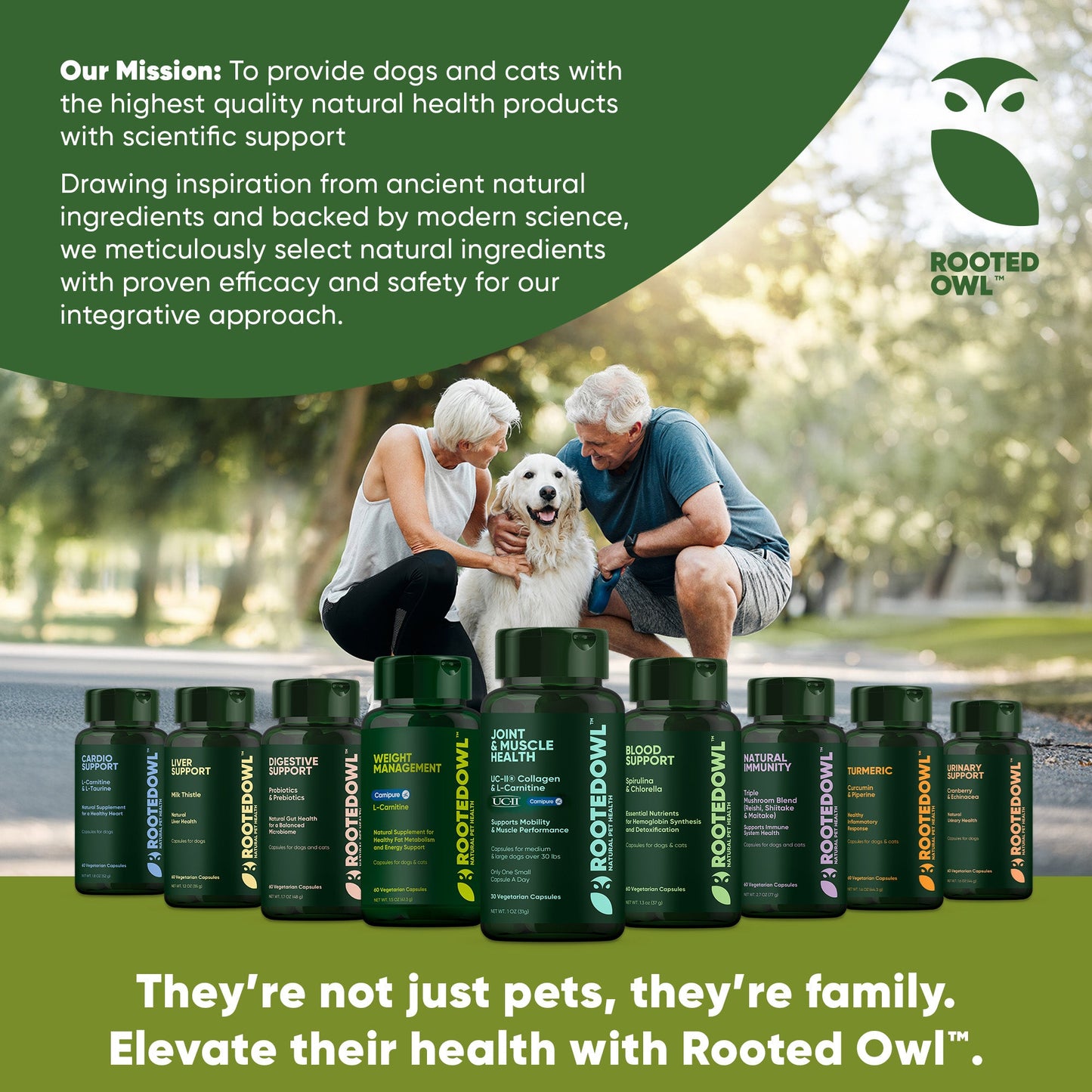 Advertisement for Rooted Owl natural health products with a couple and their dog outdoors.