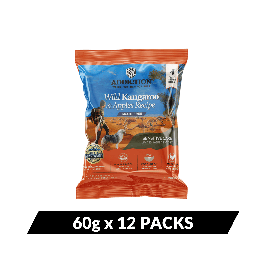 Package of Addiction Wild Kangaroo & Apples Recipe dog food on a white background