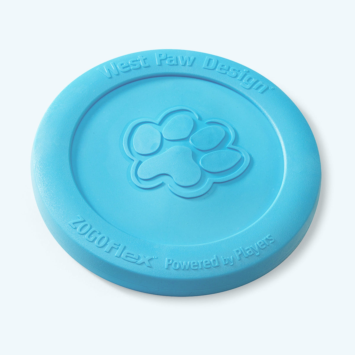 Blue dog toy with West Paw Design branding on a light gray background
