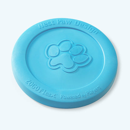 Blue dog toy with West Paw Design branding on a light gray background