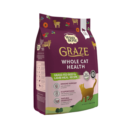 Purple package of Wishbone Graze Whole Cat Health cat food on a solid background