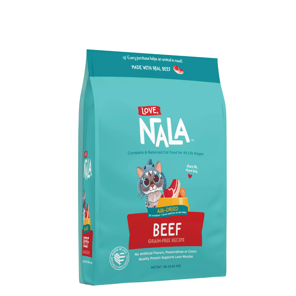 NALA cat food package with teal background and cat illustration on a white background