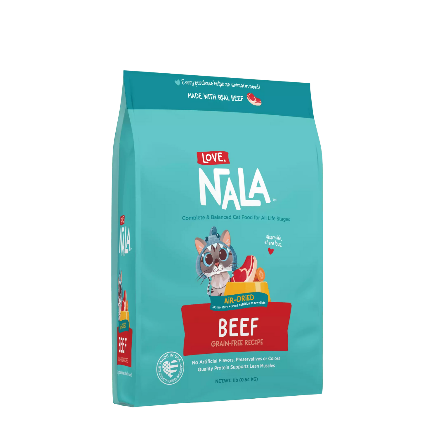NALA cat food package with teal background and cat illustration on a white background