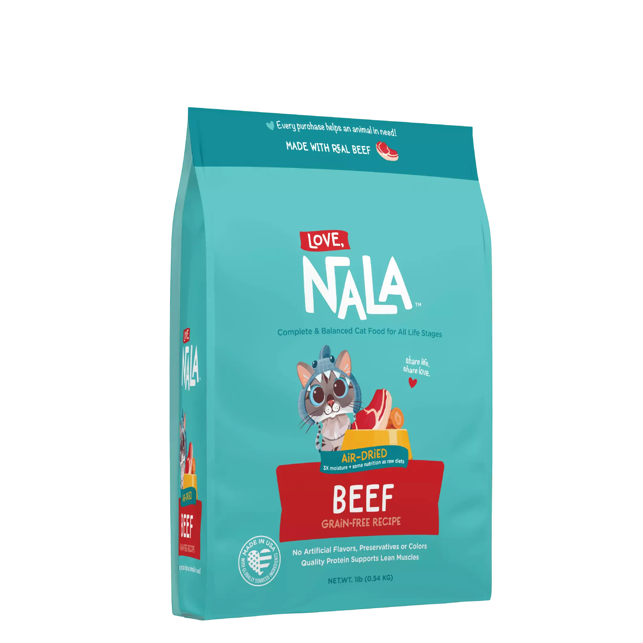 NALA cat food package with teal background and cat illustration on a white background