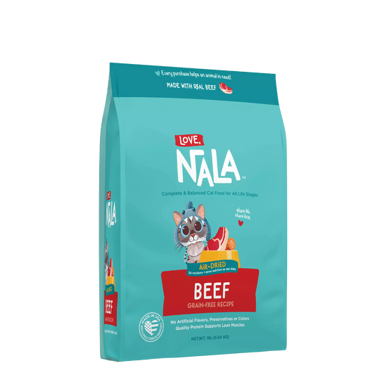 NALA cat food package with teal background and cat illustration on a white background