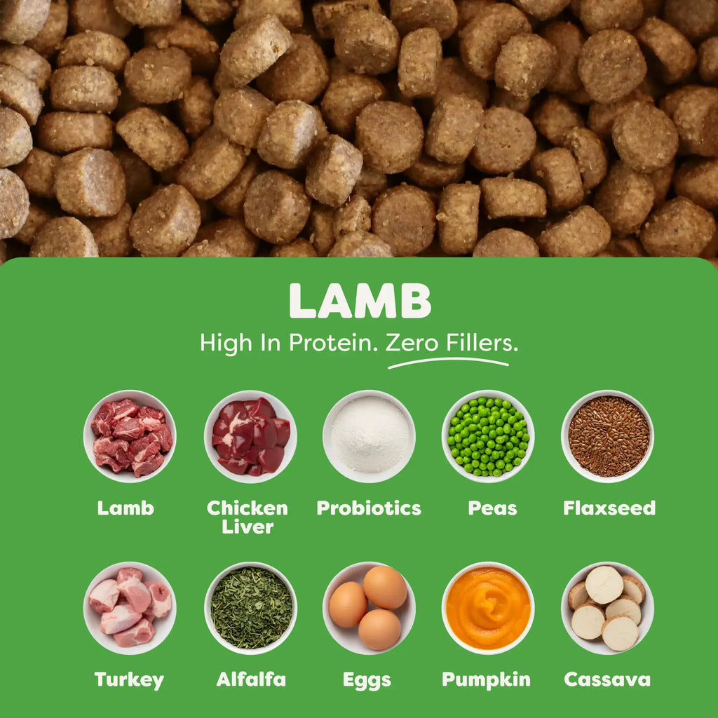 Dog food pellets with a green label detailing ingredients on a green background
