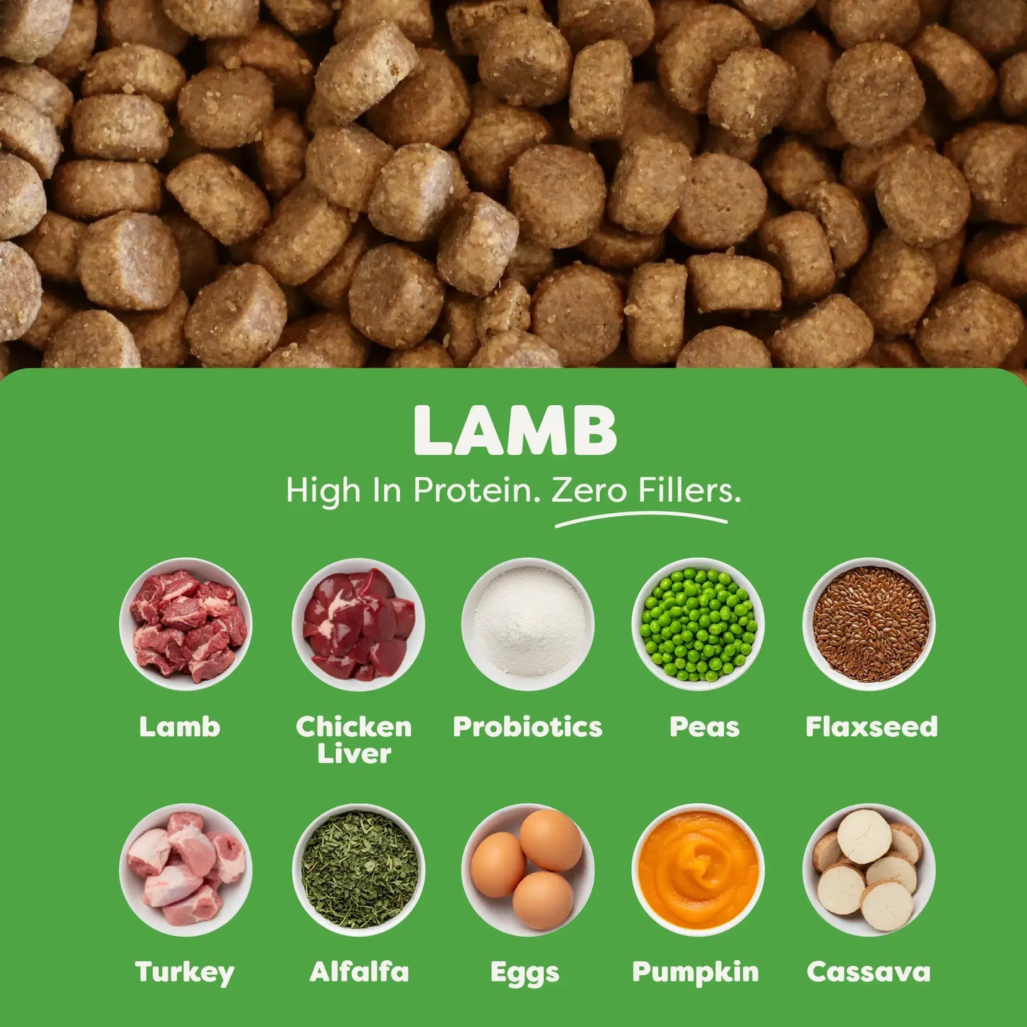 Dog food pellets with a green label detailing ingredients on a green background