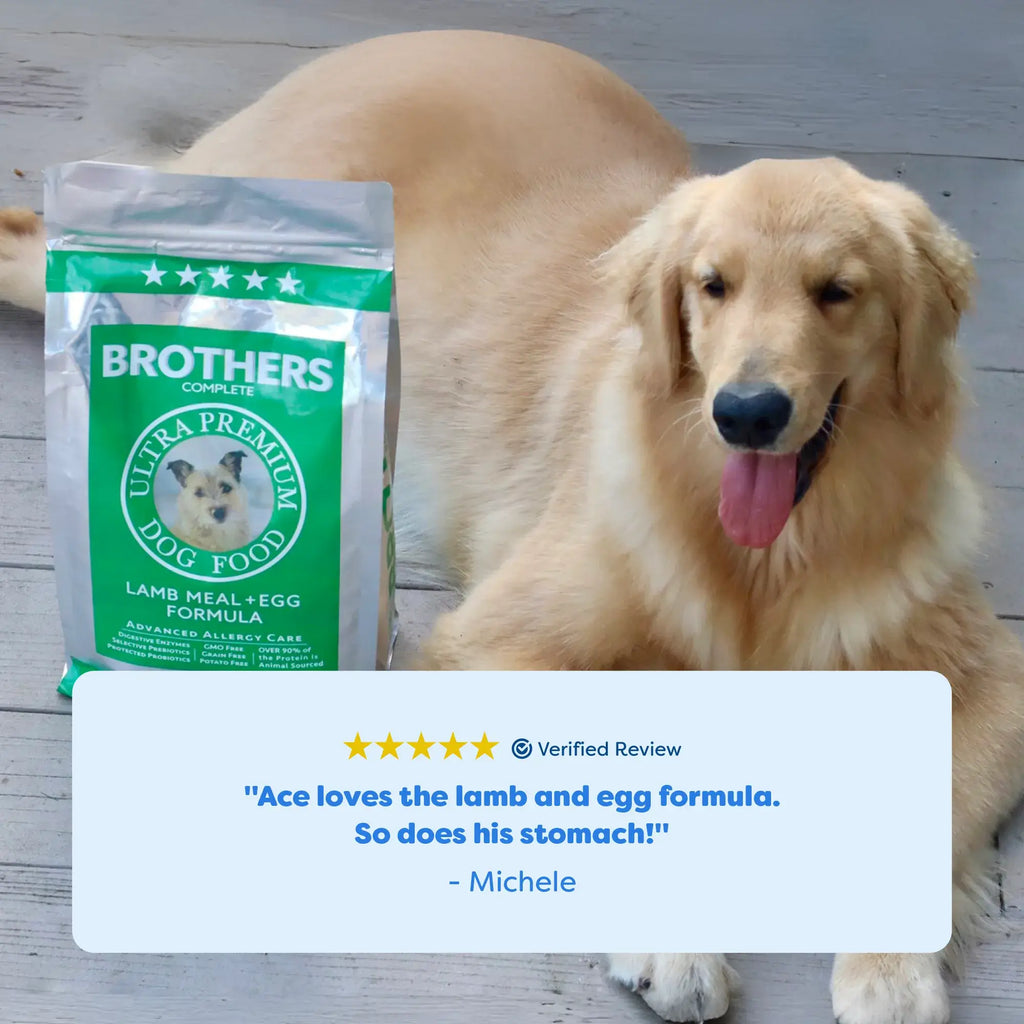 Dog with Brothers Ultra Premium Dog Food package on a wooden floor
