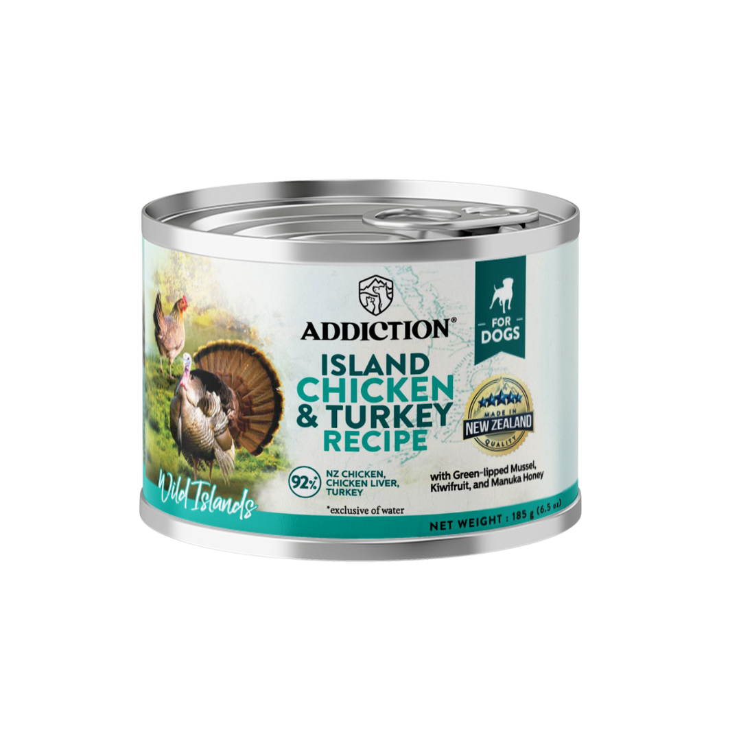 Can of Addiction Island Chicken & Turkey Recipe for dogs on a white background