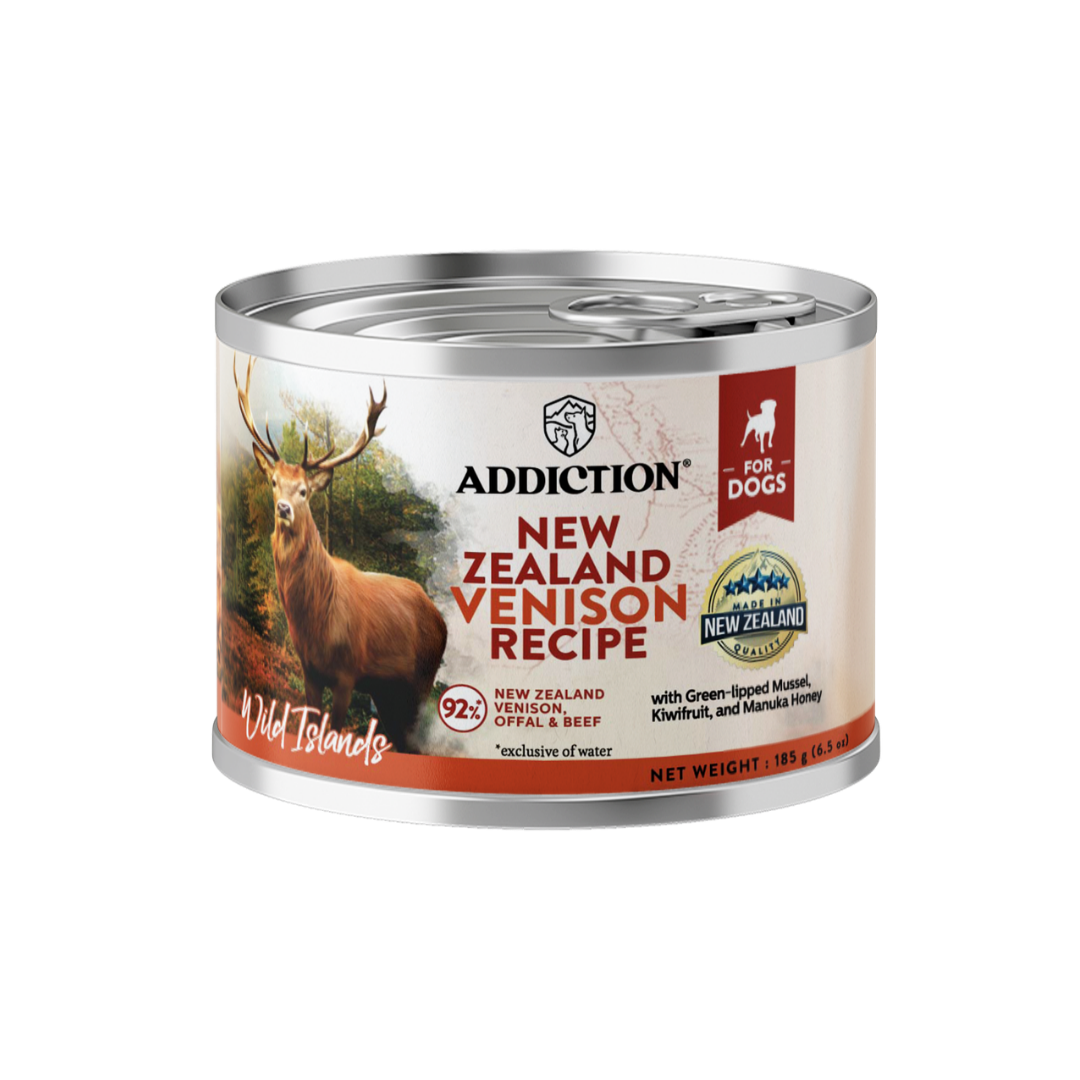 Can of Addiction New Zealand Venison Recipe for dogs on a white background