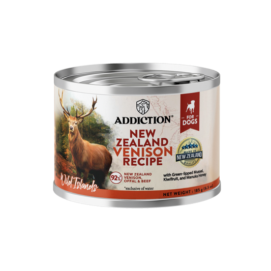 Can of Addiction New Zealand Venison Recipe for dogs on a white background