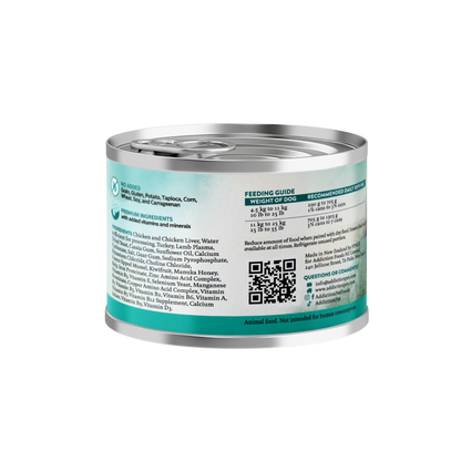 Can of pet food with label on a white background