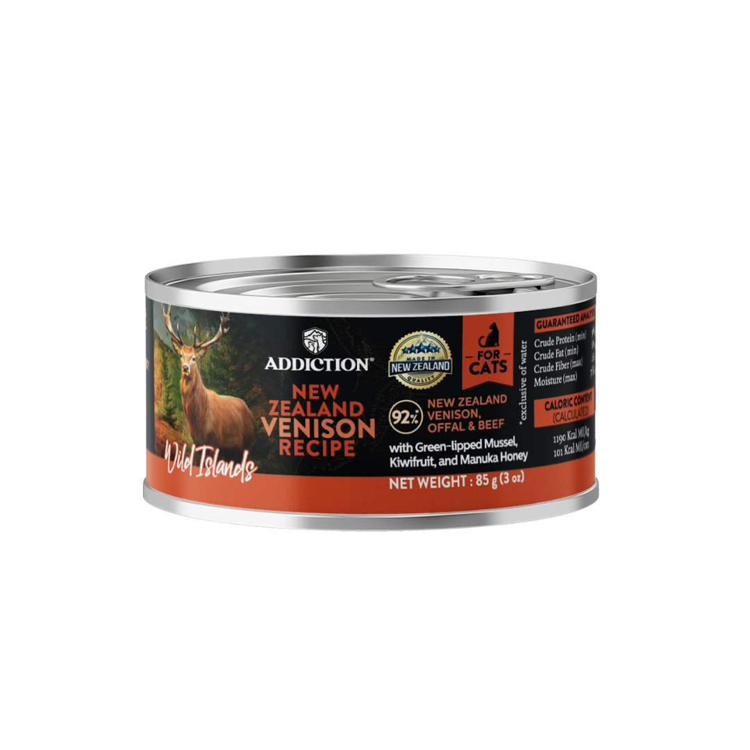 Can of Addiction New Zealand Venison recipe cat food on a white background