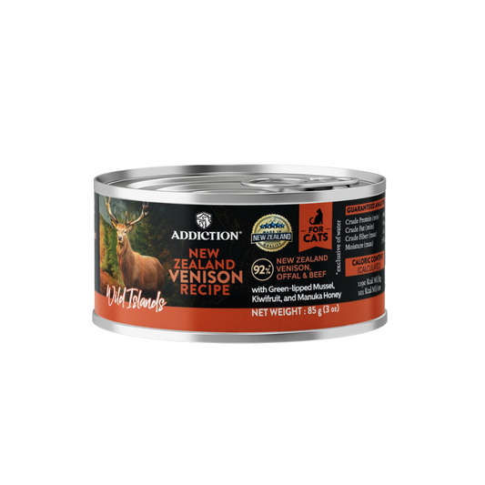 Can of Addiction New Zealand Venison recipe cat food on a white background