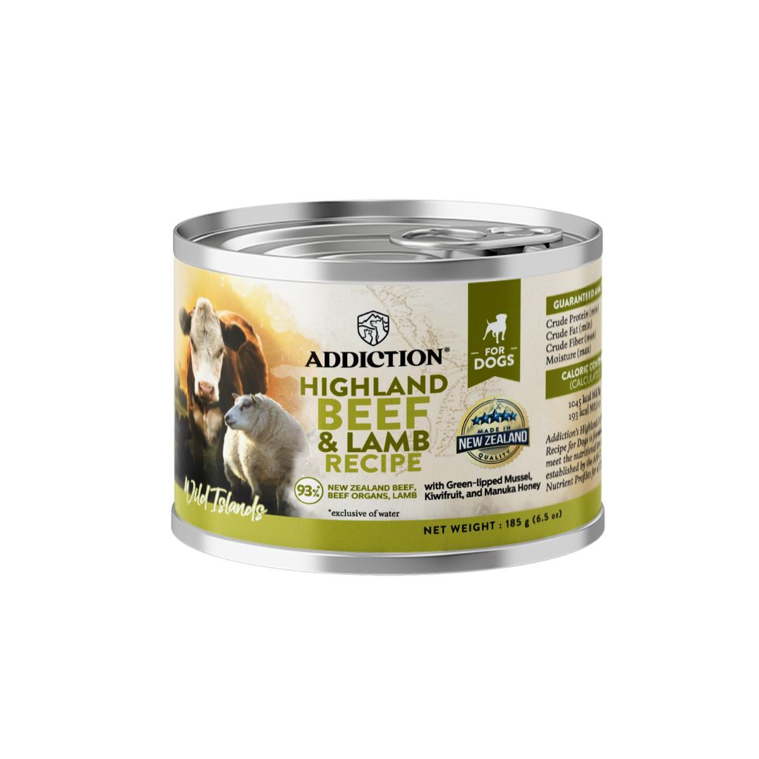 Can of Addiction Highland Beef & Lamb Recipe for dogs on a white background