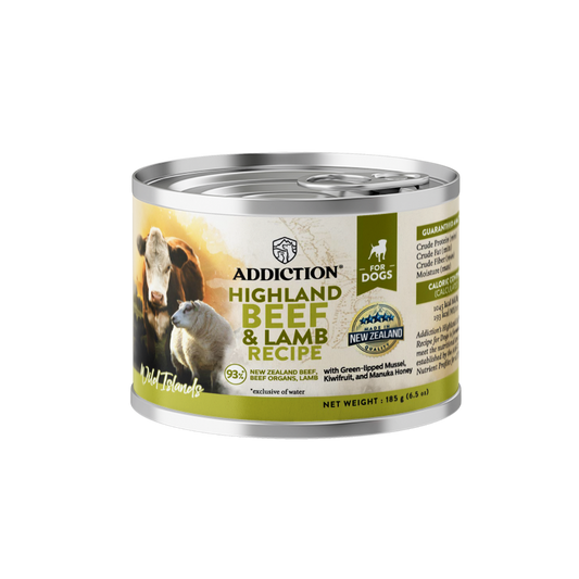 Can of Addiction Highland Beef & Lamb Recipe for dogs on a white background
