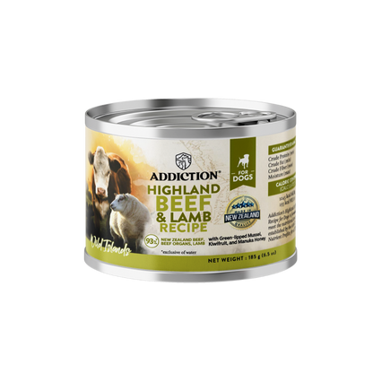 Can of Addiction Highland Beef & Lamb Recipe for dogs on a white background