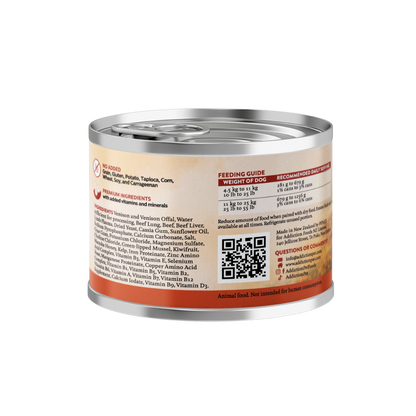 Can of pet food with label on a white background