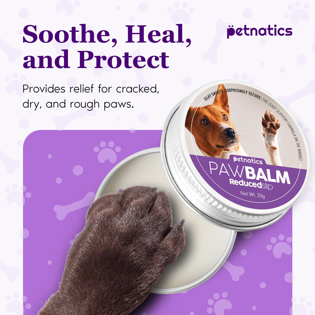 Petnatics paw balm container with a dog's paw and text on a purple background